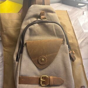 Kattee KL928 Canvas & Leather Sling Backpack Crossbody Bag Khaki